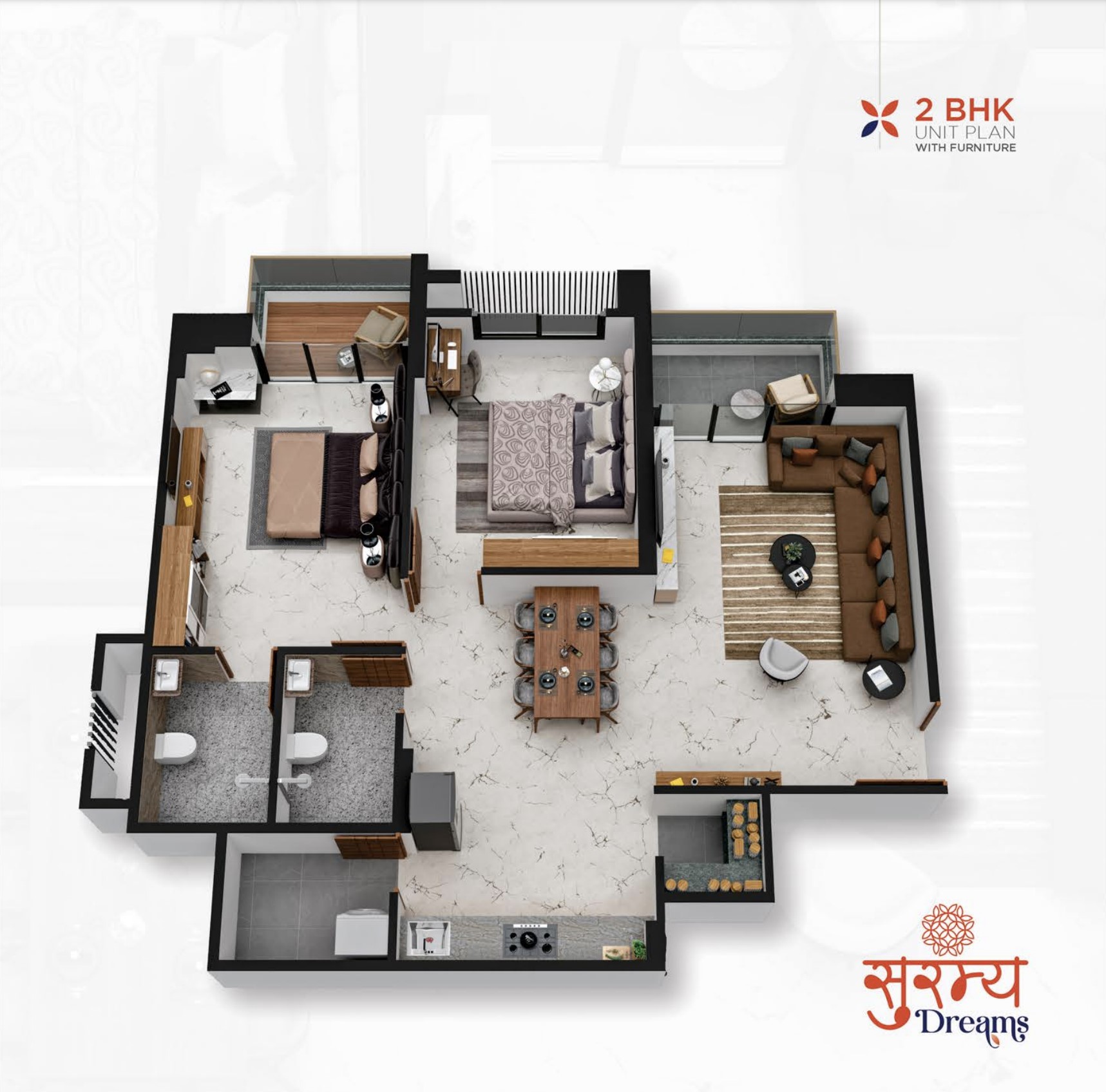 2 BHK Unit — 3D Furnished View