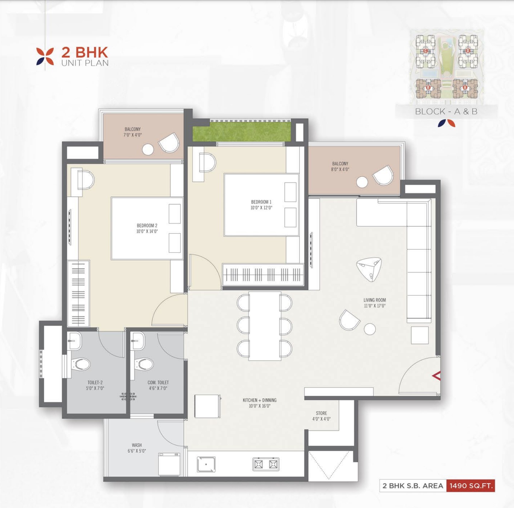 2 BHK Unit Plan — Block A & B (1490 sq.ft.)