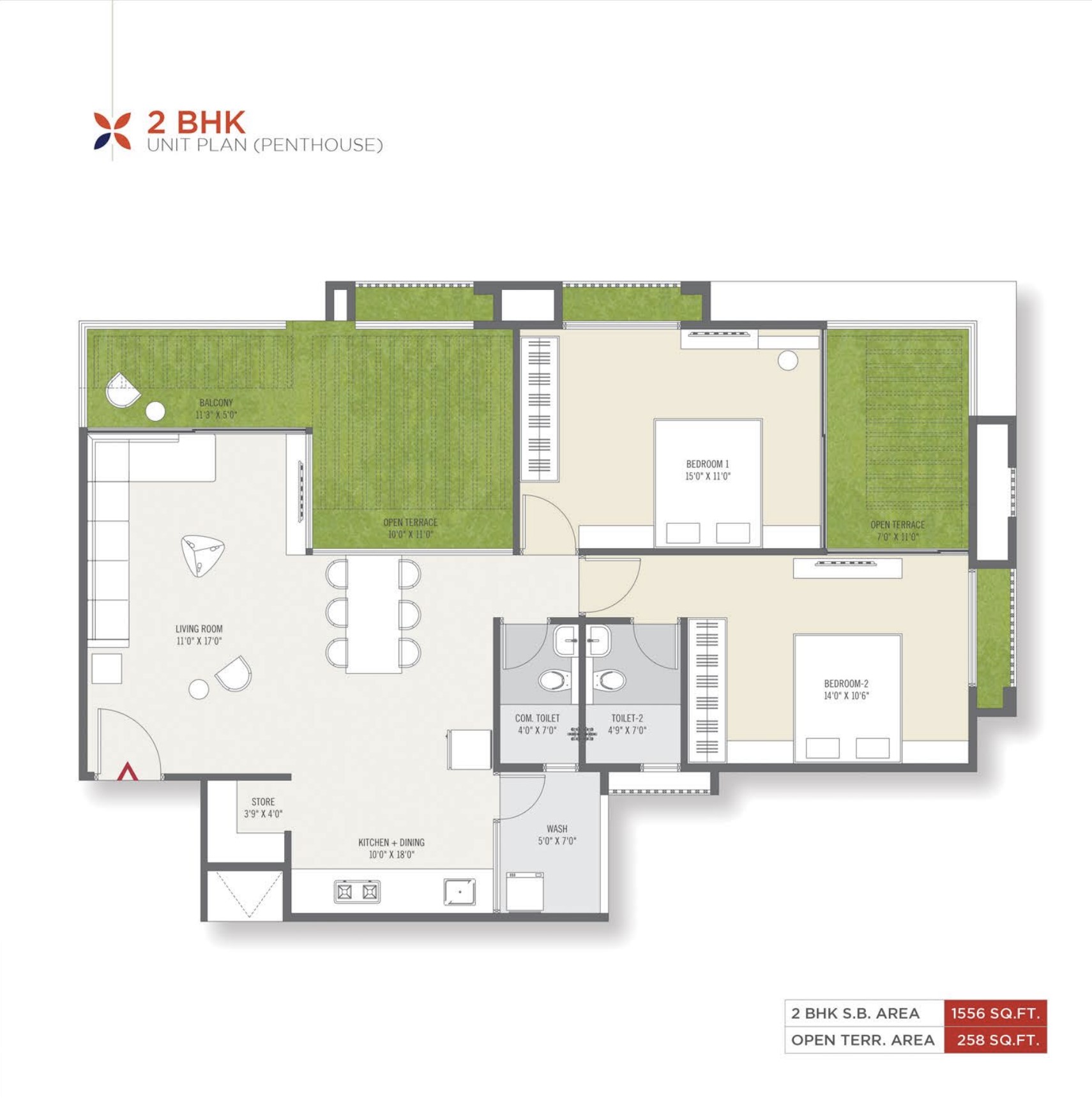 2 BHK Penthouse Plan (1556 sq.ft.)