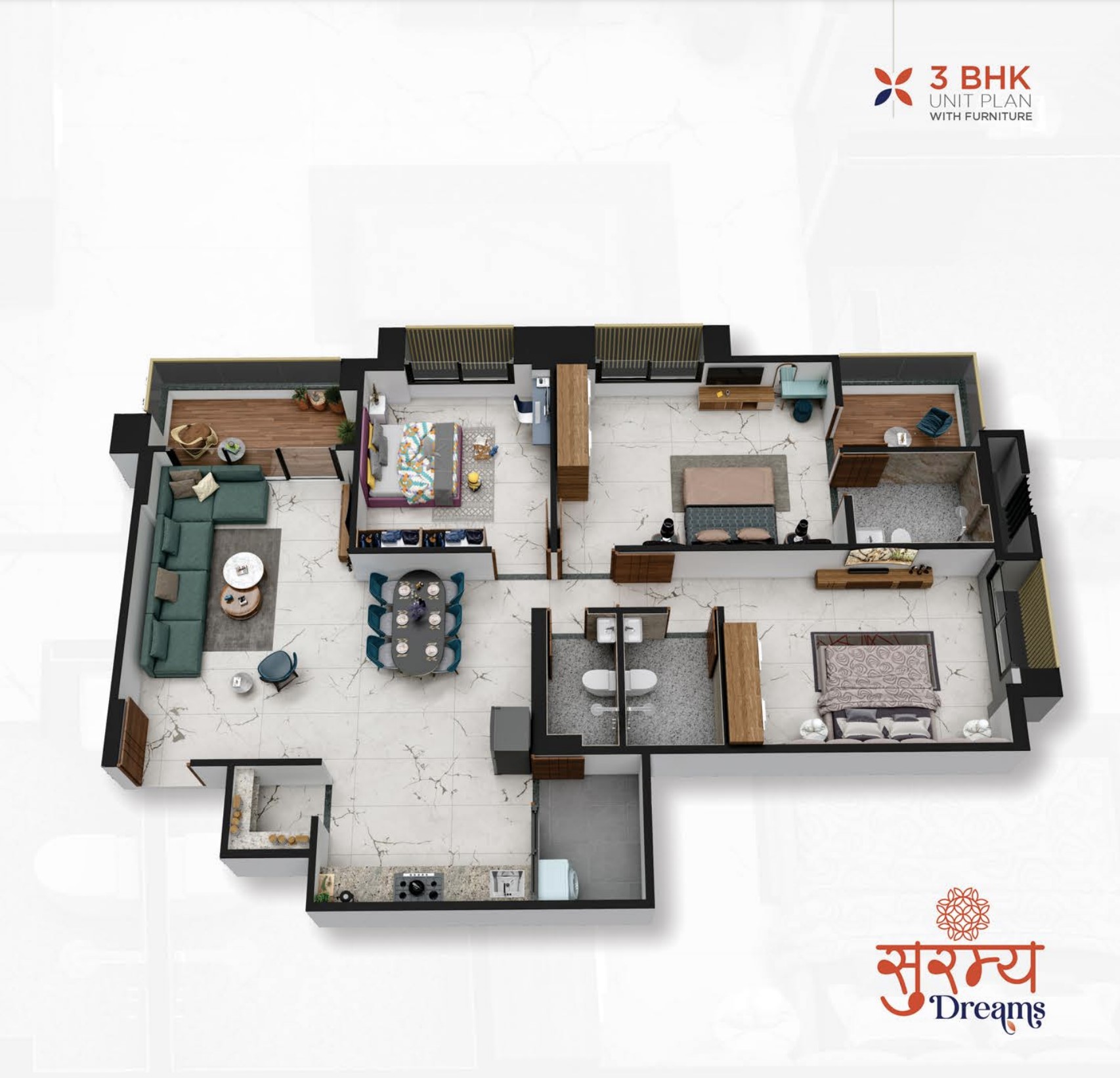3 BHK Unit — 3D Furnished View