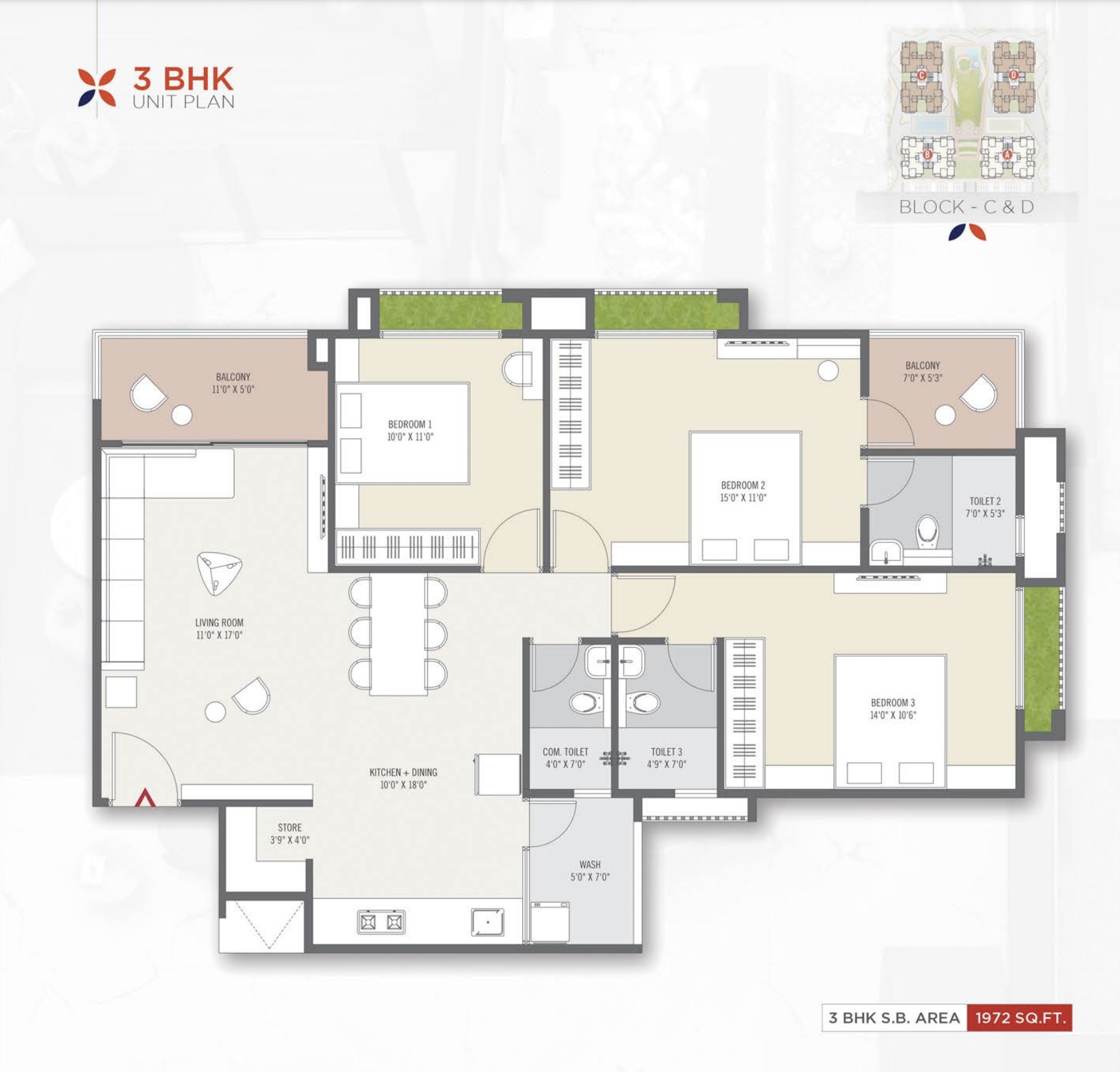 3 BHK Unit Plan — Block C & D (1972 sq.ft.)